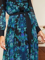 V&A | Love & Roses Black and Blue Printed Belted Pleated Long Sleeve Midi Dress - Image 4 of 4