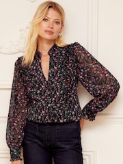 Love & Roses Purple Floral Petite V Neck Pleated Long Sleeve Chiffon Blouse - Image 1 of 4