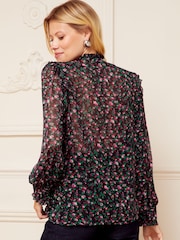 Love & Roses Purple Floral Petite V Neck Pleated Long Sleeve Chiffon Blouse - Image 3 of 4