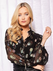 Love & Roses Black Metallic Petite Ruffle Sheer Tie Neck Long Sleeve Blouse - Image 1 of 4