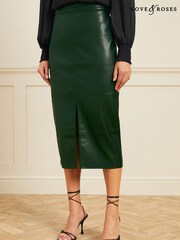 Love & Roses Forest Green Faux Leather Split Front Midi Skirt - Image 1 of 4