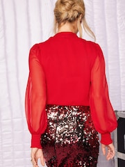 Love & Roses Red Long Sleeve Tie Neck Shirred Cuff Blouse - Image 3 of 4