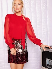 Love & Roses Red Long Sleeve Tie Neck Shirred Cuff Blouse - Image 4 of 4