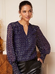 Love & Roses Navy Blue Sheer V Neck Long Sleeve Over The Head Blouse - Image 2 of 4