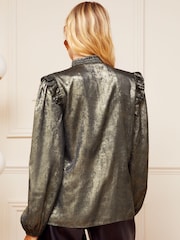 Love & Roses Gold Ruffle Sheer Tie Neck Long Sleeve Blouse - Image 3 of 4