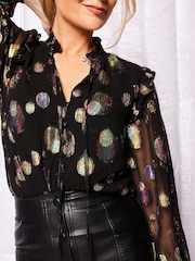 Love & Roses Black Metallic Ruffle Sheer Tie Neck Long Sleeve Blouse - Image 4 of 4
