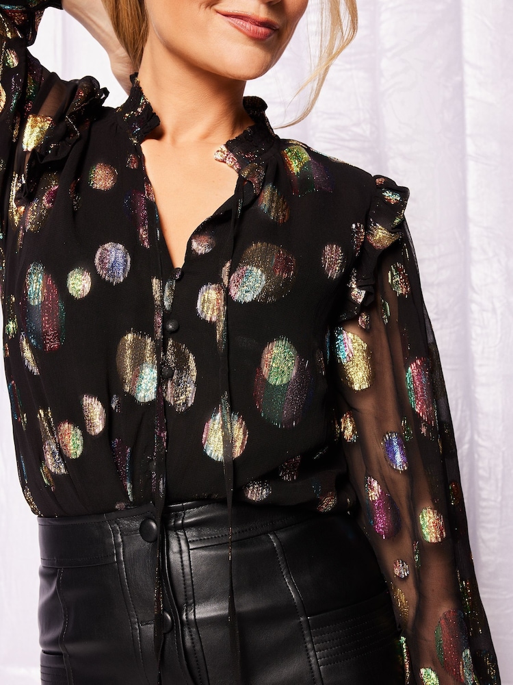 Love & Roses Black Metallic Ruffle Sheer Tie Neck Long Sleeve Blouse - Image 4 of 4 Love & Roses Black Metallic Ruffle Sheer Tie Neck Long Sleeve Blouse - Image 4 of 4