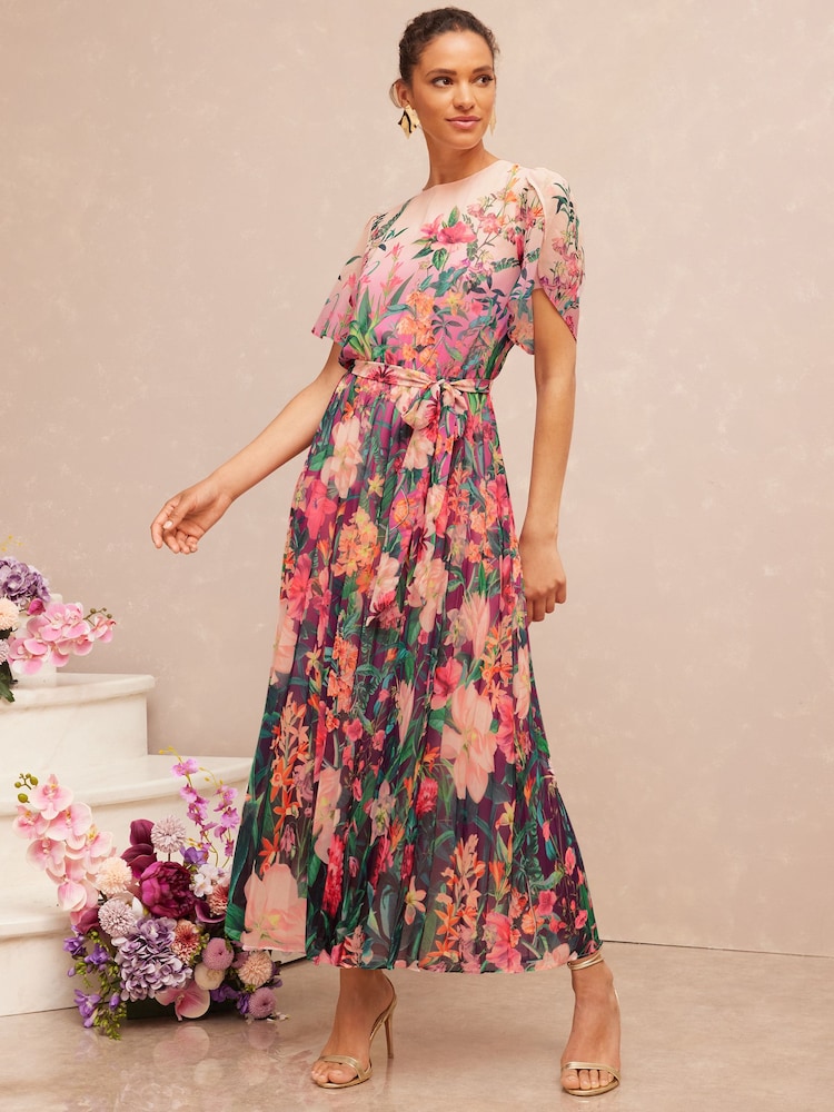 V&A | Love & Roses Pink Floral Petite Placement Printed Tulip Sleeve Belted Pleated Midi Dress - Image 1 of 5