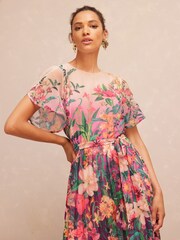 V&A | Love & Roses Pink Floral Petite Placement Printed Tulip Sleeve Belted Pleated Midi Dress - Image 2 of 5