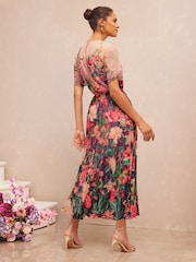 V&A | Love & Roses Pink Floral Petite Placement Printed Tulip Sleeve Belted Pleated Midi Dress - Image 3 of 5