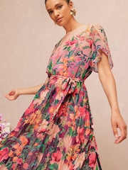 V&A | Love & Roses Pink Floral Petite Placement Printed Tulip Sleeve Belted Pleated Midi Dress - Image 5 of 5