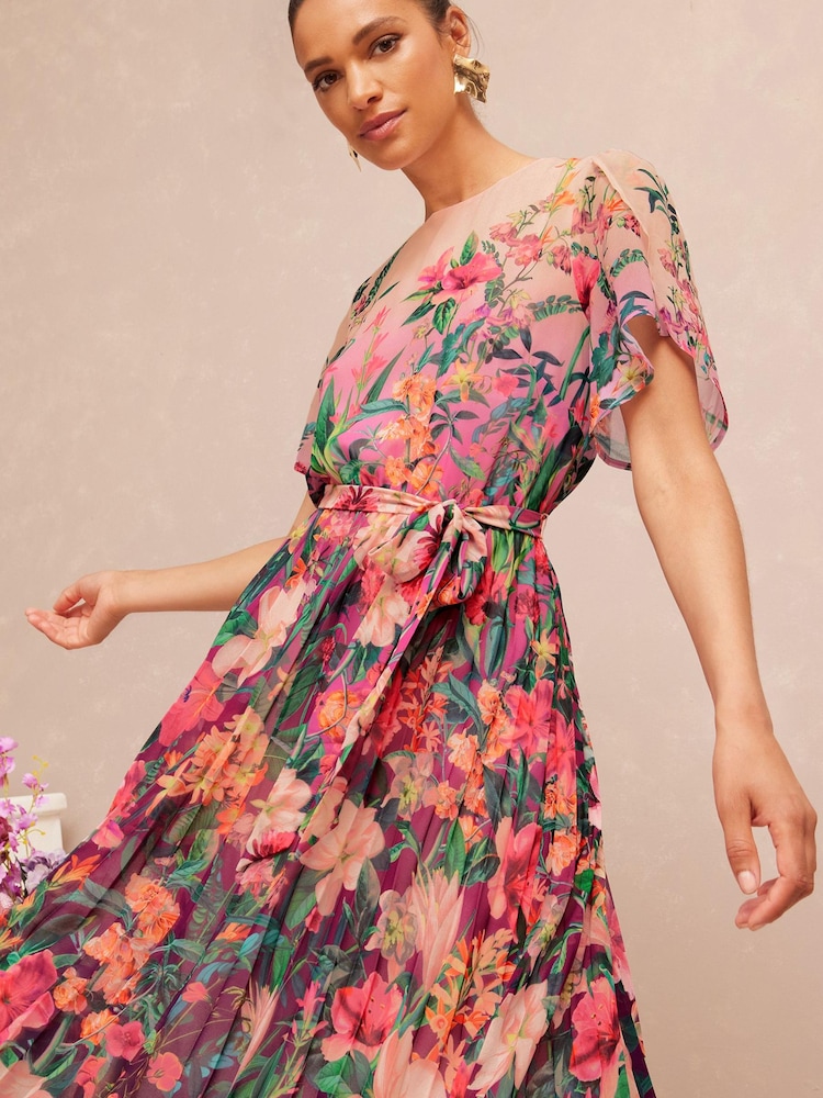 V&A | Love & Roses Pink Floral Petite Placement Printed Tulip Sleeve Belted Pleated Midi Dress - Image 5 of 5
