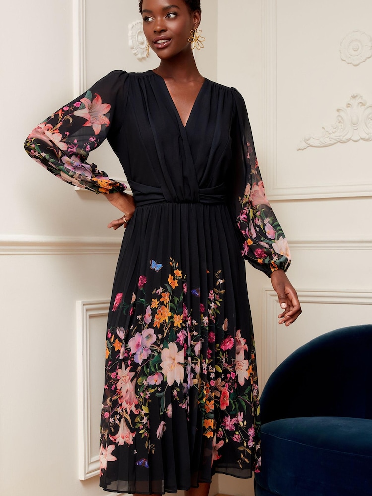 V&A | Love & Roses Black Placement Printed Wrap Front Long Sleeve Pleated Midi Dress - Image 1 of 4