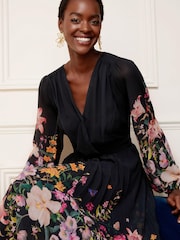 V&A | Love & Roses Black Placement Printed Wrap Front Long Sleeve Pleated Midi Dress - Image 2 of 4