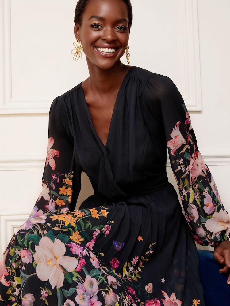 V&A | Love & Roses Black Placement Printed Wrap Front Long Sleeve Pleated Midi Dress - Image 2 of 4