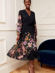 V&A | Love & Roses Black Placement Printed Wrap Front Long Sleeve Pleated Midi Dress - Image 4 of 4