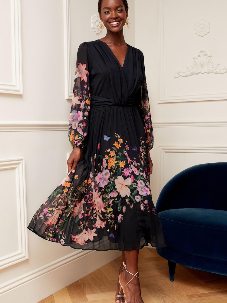 V&A | Love & Roses Black Placement Printed Wrap Front Long Sleeve Pleated Midi Dress - Image 4 of 4