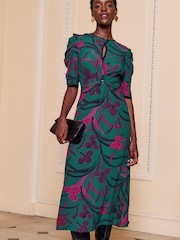 V&A | Love & Roses Green Floral Printed Ruched Sleeve V Neck Midi Dress - Image 1 of 4