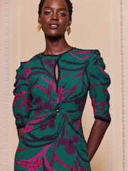 V&A | Love & Roses Green Floral Printed Ruched Sleeve V Neck Midi Dress - Image 2 of 4
