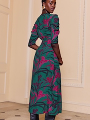 V&A | Love & Roses Green Floral Printed Ruched Sleeve V Neck Midi Dress - Image 3 of 4