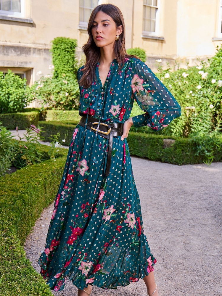V&A | Love & Roses Teal Floral Frill Tie Neck Lace Trim Belted Long Sleeve Midi Dress - Image 1 of 4