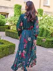 V&A | Love & Roses Teal Floral Frill Tie Neck Lace Trim Belted Long Sleeve Midi Dress - Image 3 of 4