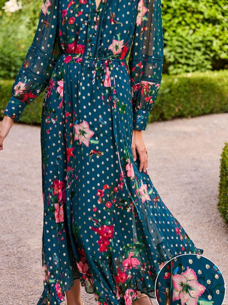 V&A | Love & Roses Teal Floral Frill Tie Neck Lace Trim Belted Long Sleeve Midi Dress - Image 4 of 4