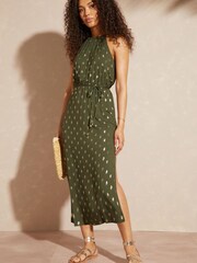 Love & Roses Khaki Foil Spot Print Jersey Halter Waist Tie Midi Dress - Image 1 of 3
