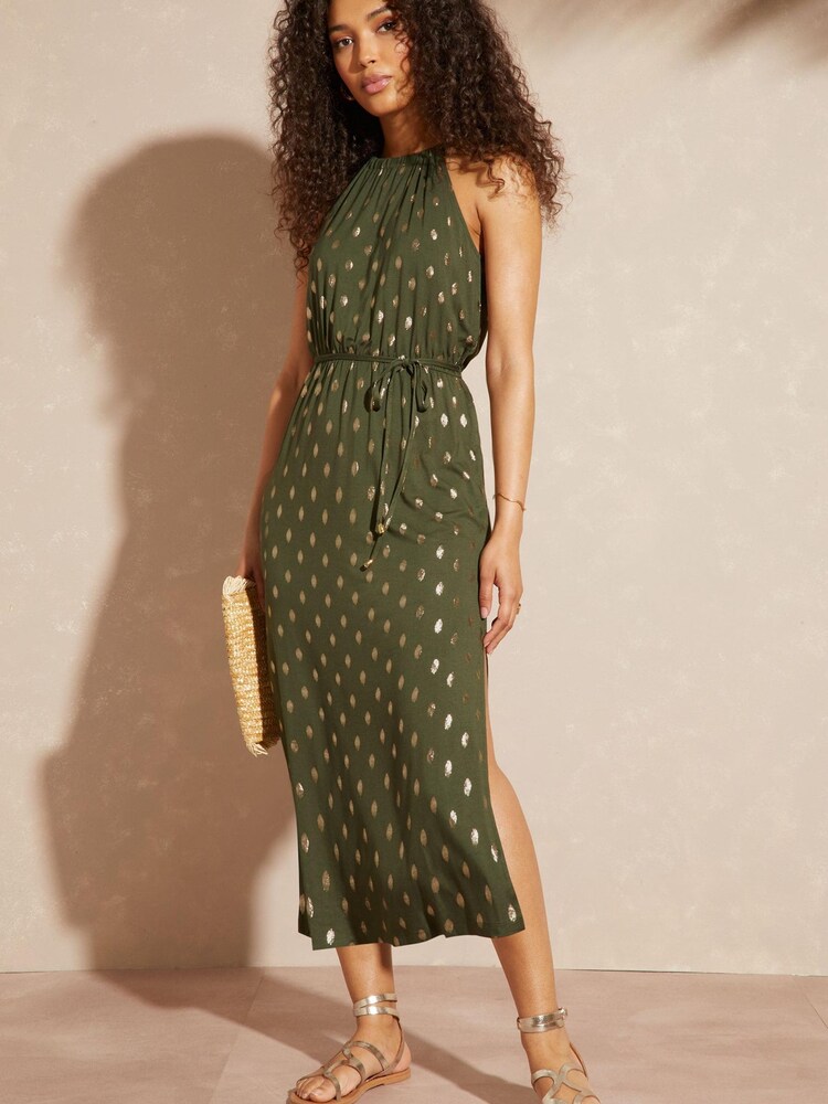 Love & Roses Khaki Foil Spot Print Jersey Halter Waist Tie Midi Dress - Image 1 of 3