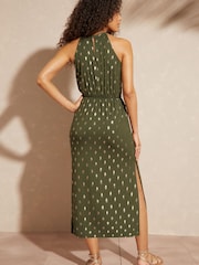 Love & Roses Khaki Foil Spot Print Jersey Halter Waist Tie Midi Dress - Image 3 of 3