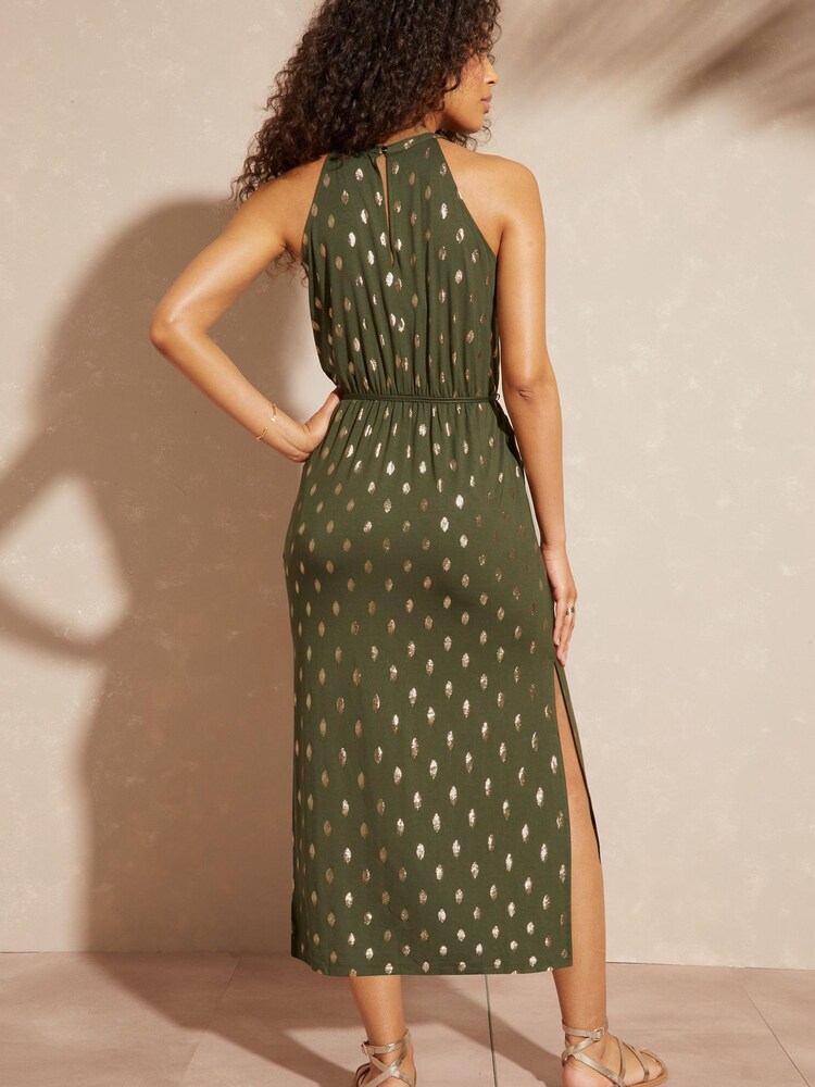 Love & Roses Khaki Foil Spot Print Jersey Halter Waist Tie Midi Dress - Image 3 of 3