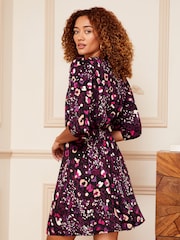 Love & Roses Purple Animal Jersey 3/4 Puff Sleeve Wrap Mini Dress - Image 3 of 4