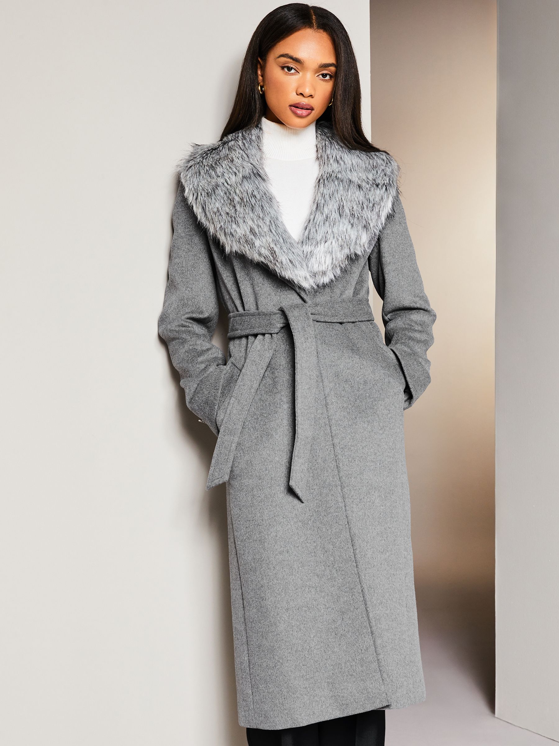 Buy Lipsy Grey Premium Wool Blend Faux Fur Collar Wrap Coat from Next Turkey