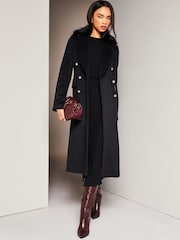 Lipsy Black Premium Wool Blend Faux Fur Collar Double Breasted Coat - Image 3 of 5