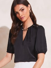 Lipsy Black Short Puff Sleeved Keyhole Top - Image 1 of 4