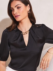 Lipsy Black Short Puff Sleeved Keyhole Top - Image 4 of 4