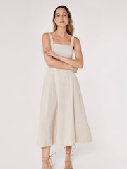 Apricot Cream Architectural Panel Square Neck Linen Dress - Image 1 of 5