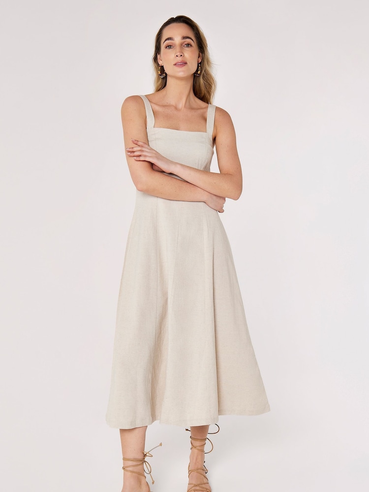 Apricot Cream Architectural Panel Square Neck Linen Dress - Image 1 of 5