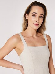 Apricot Cream Architectural Panel Square Neck Linen Dress - Image 3 of 5