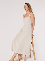Apricot Cream Architectural Panel Square Neck Linen Dress - Image 4 of 5