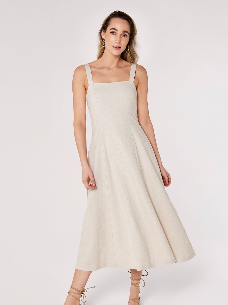 Apricot Cream Architectural Panel Square Neck Linen Dress - Image 5 of 5