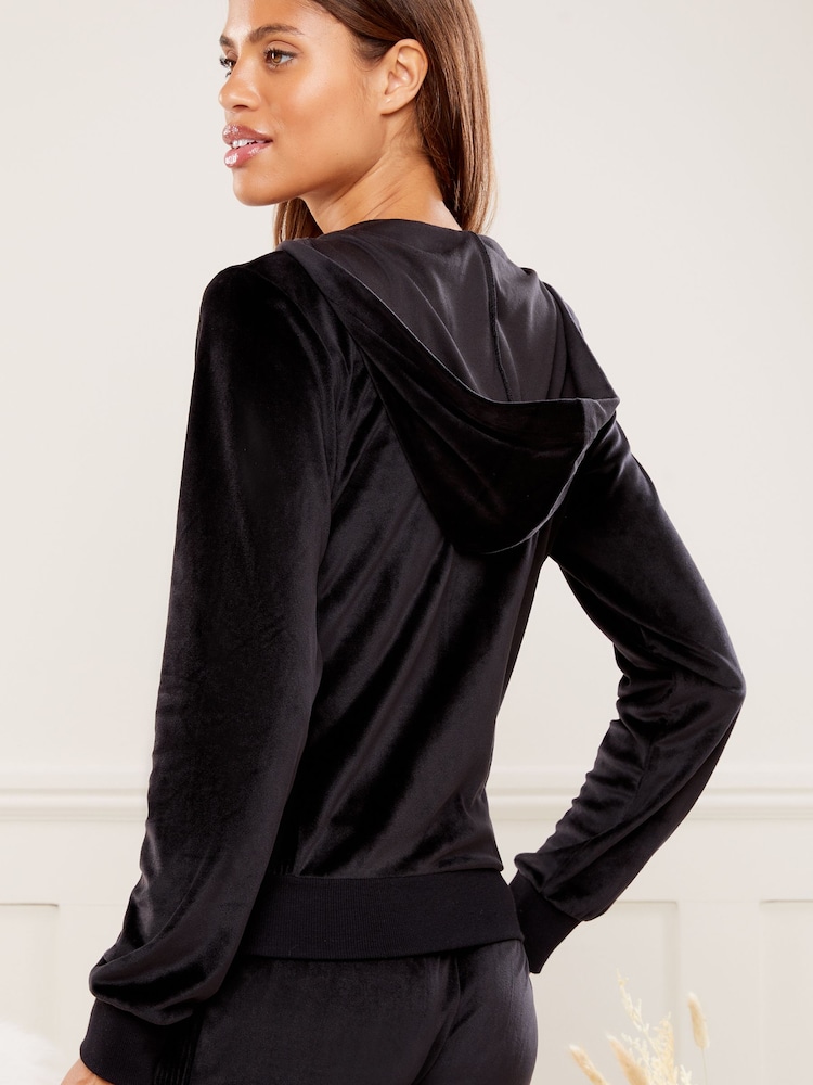 Lipsy Black Embroidered Patch Velour Zip Up Hoodie - Image 2 of 4
