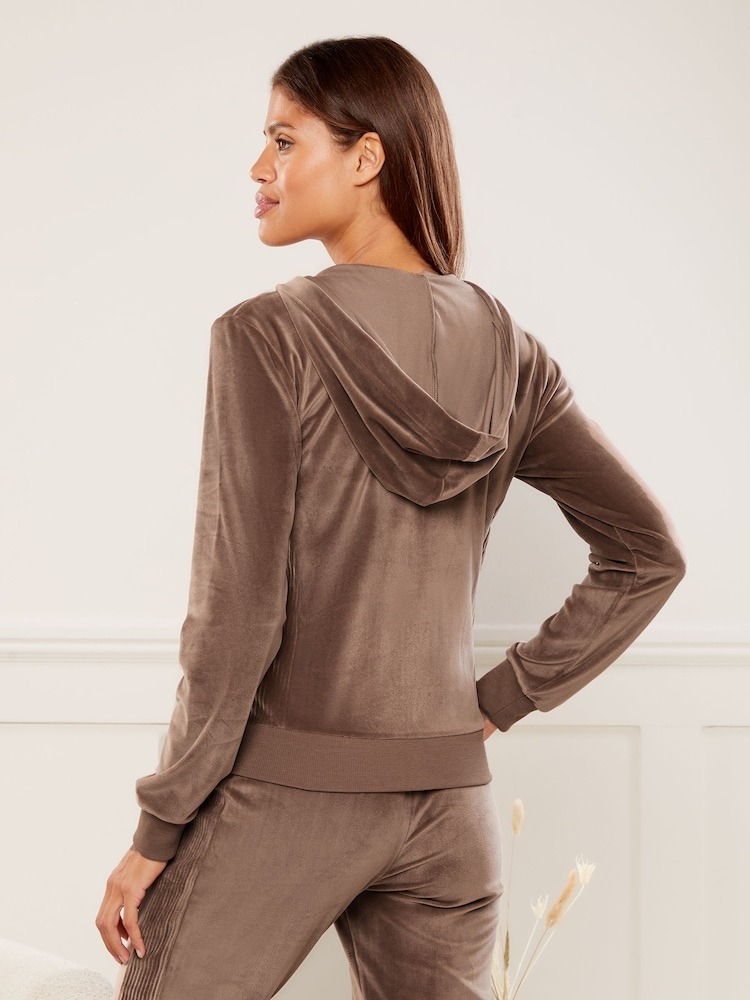 Lipsy Camel Embroidered Patch Velour Zip Up Hoodie - Image 2 of 4