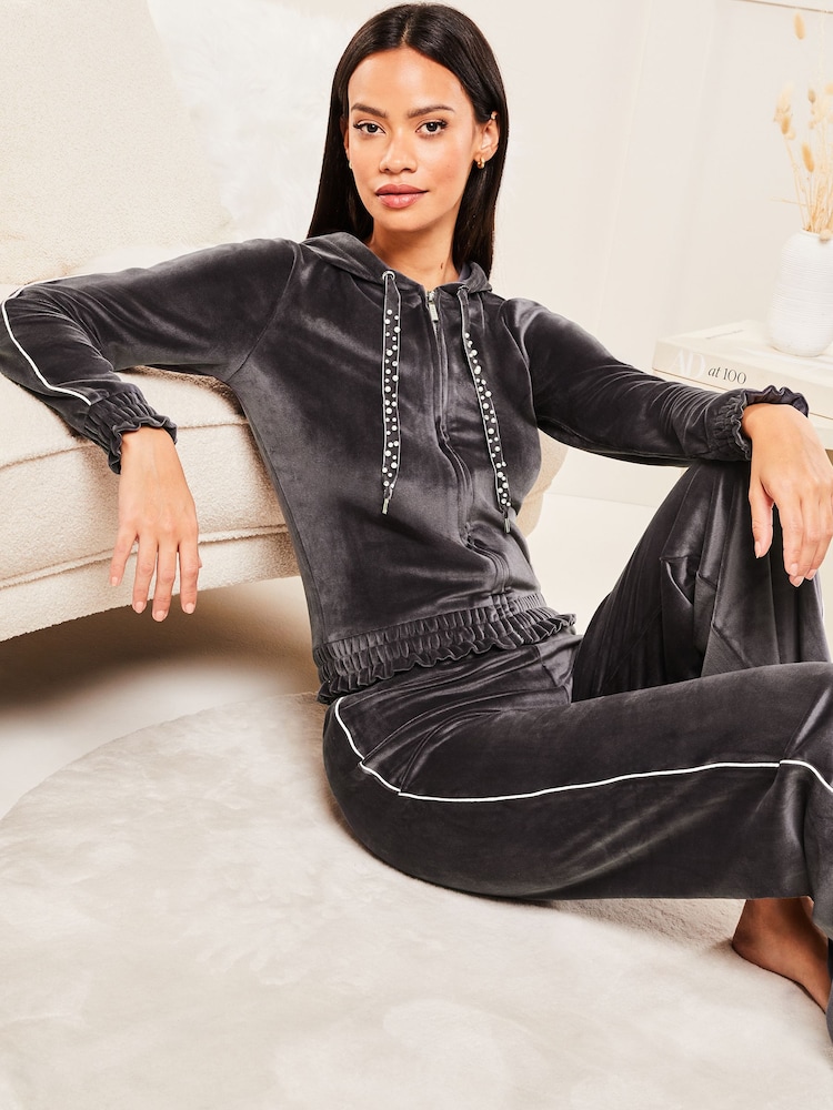Lipsy Grey Velour Trimmed Ruched Waist Zip Through Hoodie - Image 1 of 4
