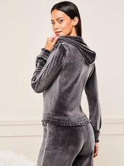 Lipsy Grey Velour Trimmed Ruched Waist Zip Through Hoodie - Image 2 of 4