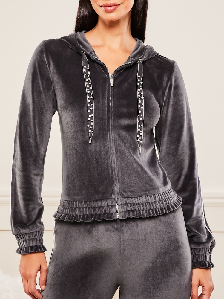 Lipsy Grey Velour Trimmed Ruched Waist Zip Through Hoodie - Image 4 of 4