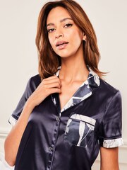 Lipsy Navy Blue Floral Tipped Satin Short Sleeve Shorts Pyjamas - Image 4 of 4