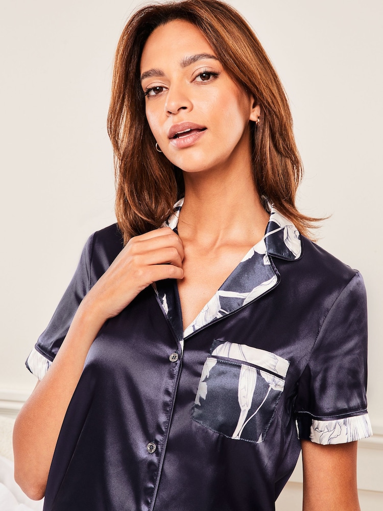Lipsy Navy Blue Floral Tipped Satin Short Sleeve Shorts Pyjamas - Image 4 of 4