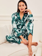 Lipsy Teal Blue Green Floral Printed Satin Long Sleeve Pyjamas - Image 1 of 4
