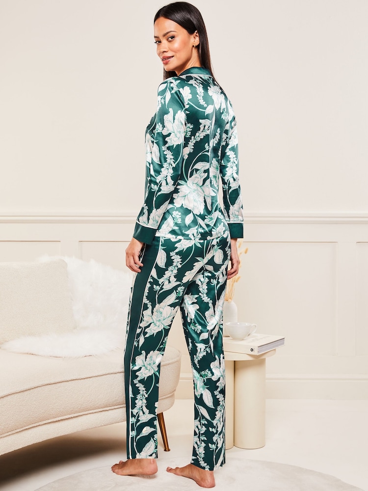 Lipsy Teal Blue Green Floral Printed Satin Long Sleeve Pyjamas - Image 2 of 4
